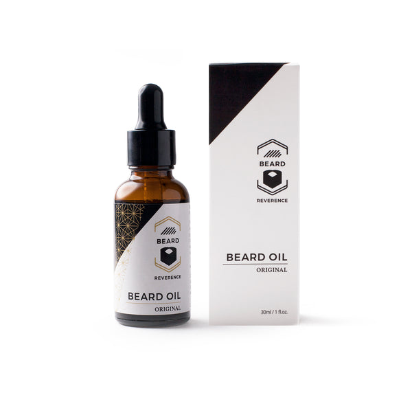 Beard Oil by Beard Reverence in a dropper bottle, next to its box. 