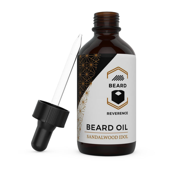Beard Reverence Sandalwood Idol Beard Oil with dropper top laying next to it. 