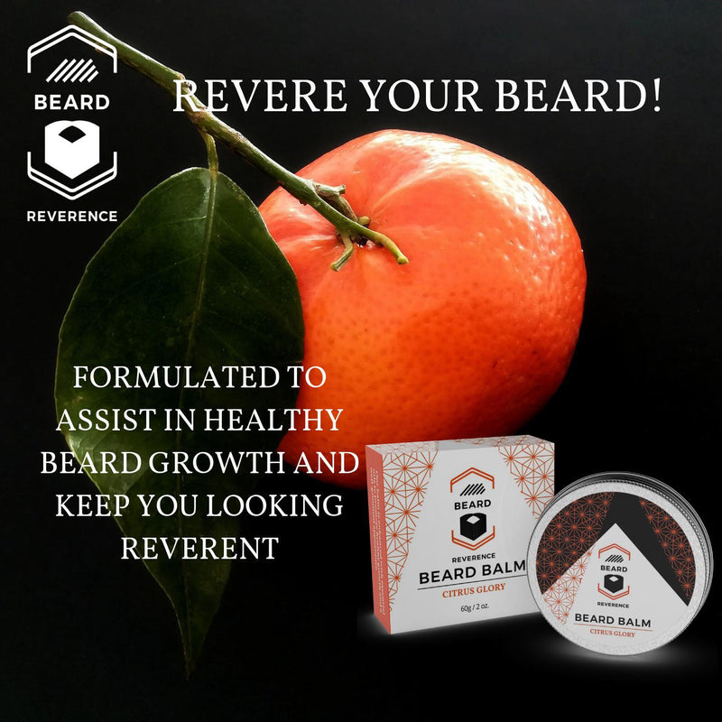Beard Reverence Citrus Glory Beard Balm with a graphic of citrus in the background and the company tag line. 