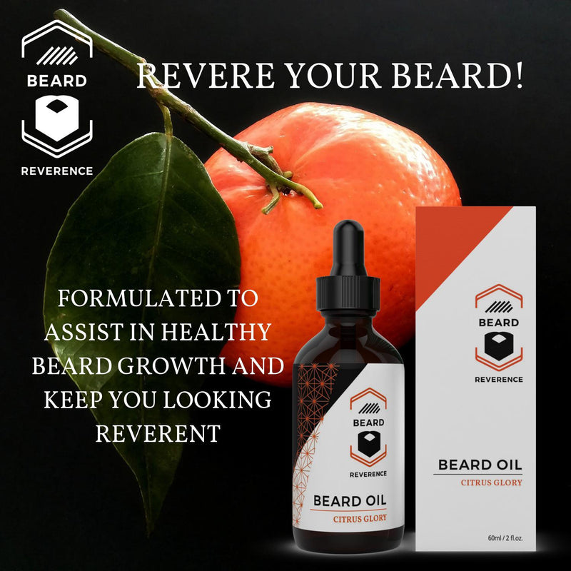Beard Reverence Citrus Glory Beard Oil with a graphic of citrus in the background and the company tag line. 