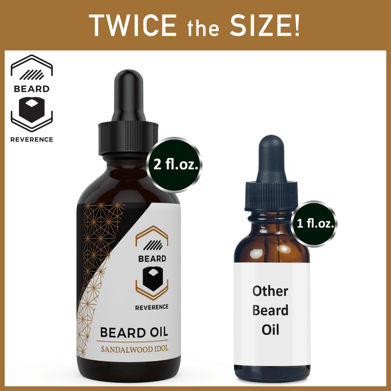 Beard Reverence Sandalwood Idol Beard Oil with graphic showing its twice the size of other beard oils. 