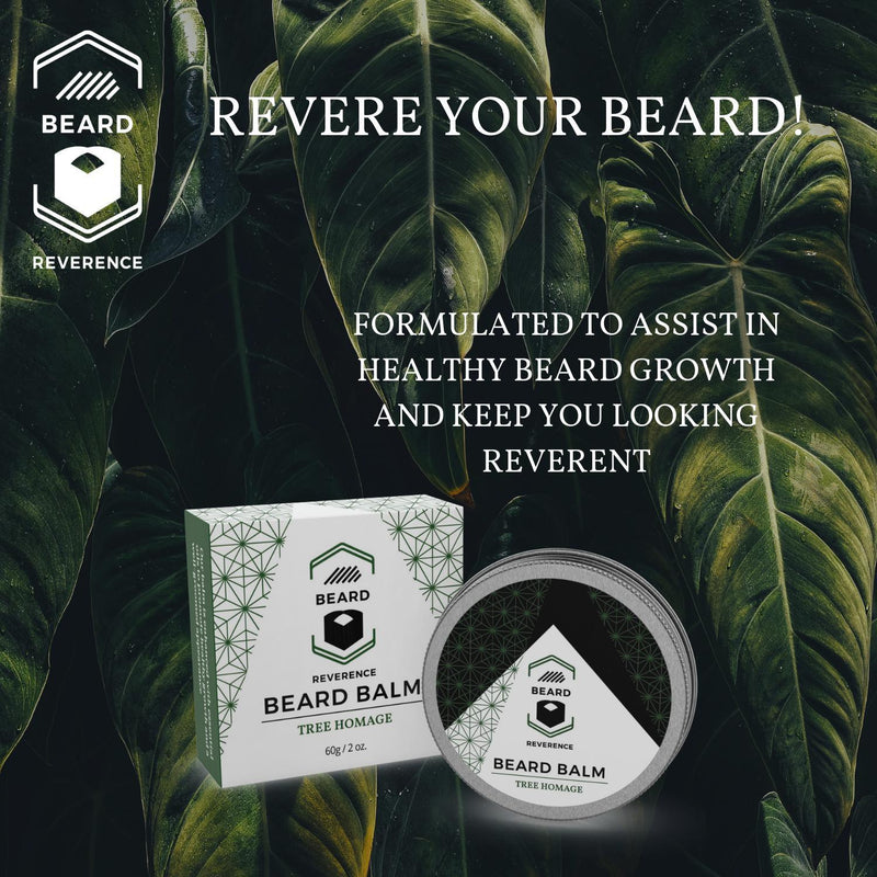 Beard Reverence Tree Homage Beard Balm with a graphic of trees in the background and the company tag line. 