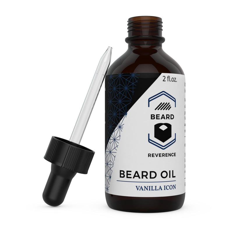 Beard Reverence Vanilla Icon Beard Oil with dropper top laying next to it. 