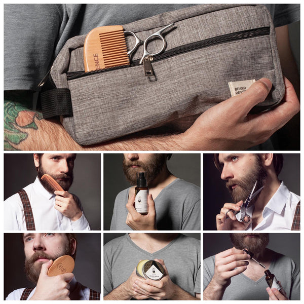 Collage of Beard Reverence beard care products being used by a beard model.