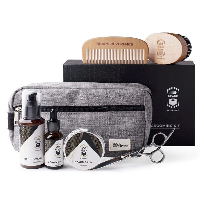 Beard Reverence Ultimate Beard Grooming Kit. Includes: Oil, Balm, Wash, Brush, Comb, Scissors, Bag