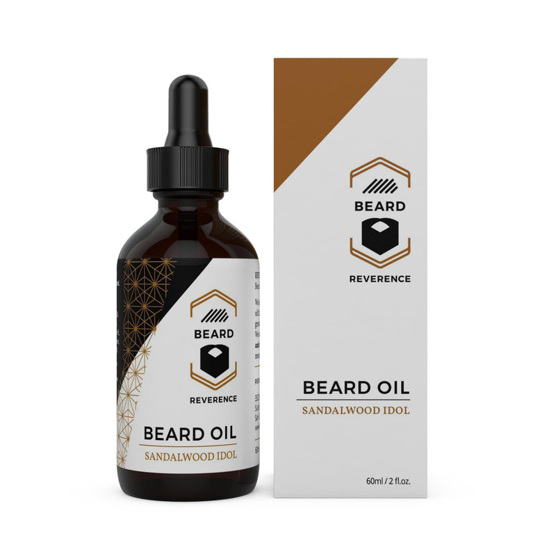 Beard Reverence Sandalwood Idol Beard Oil and its box. 
