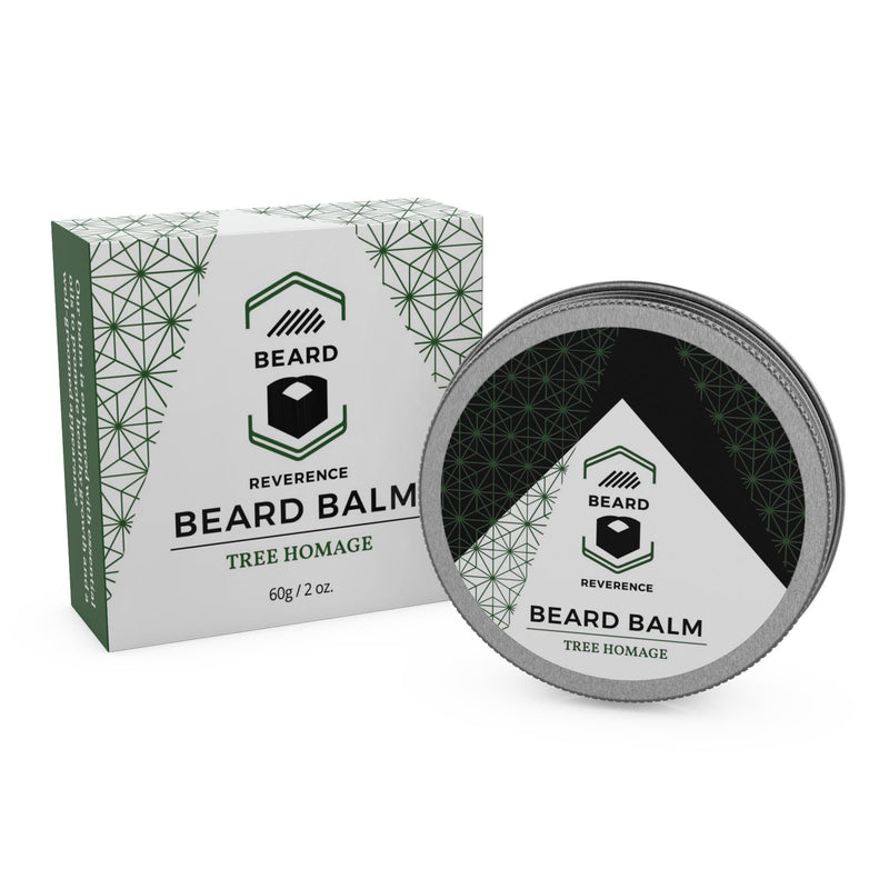 Beard Reverence Tree Homage Beard Balm next to its box. 