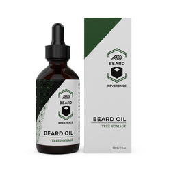 Beard Reverence Tree Homage Beard Oil next to its box. 