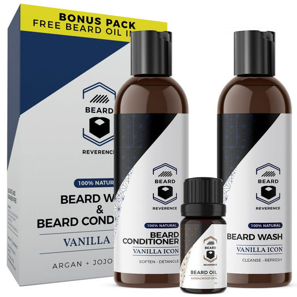 Vanilla Icon Beard Wash & Beard Conditioner Set (with Bonus Sandalwood Idol Beard Oil) - Beard Reverence