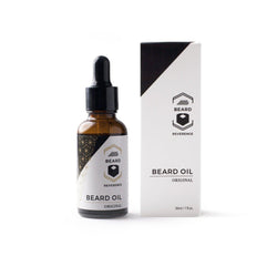 Original beard oil by Beard Reverence.  A dropper bottle sitting next to its box. 