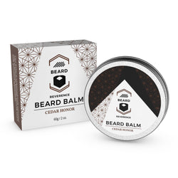 Beard Reverence Cedar Honor Beard Balm next to its box. 