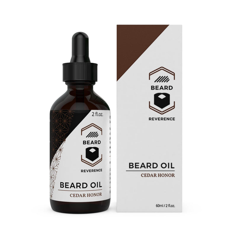 Beard Reverence Cedar Honor Beard Oil next to its box. 