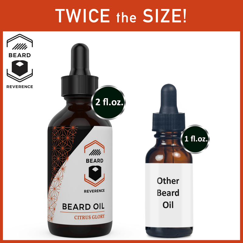 Beard Reverence Citrus Glory Beard Oil with graphic showing its twice the size of other beard oils. 