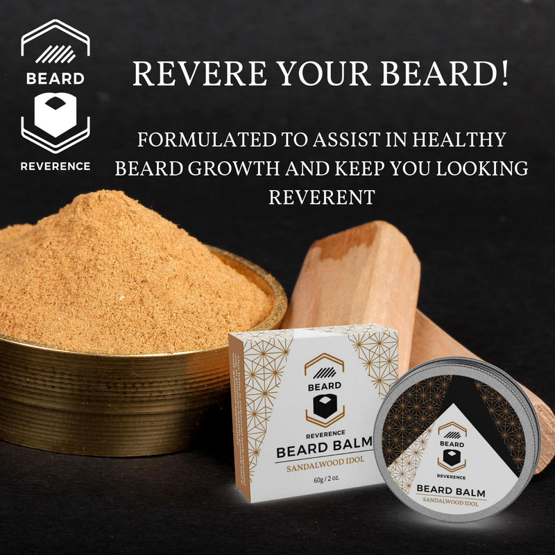 Beard Reverence Sandalwood Idol Beard Balm with a graphic of sandalwood in the background and the company tag line. 