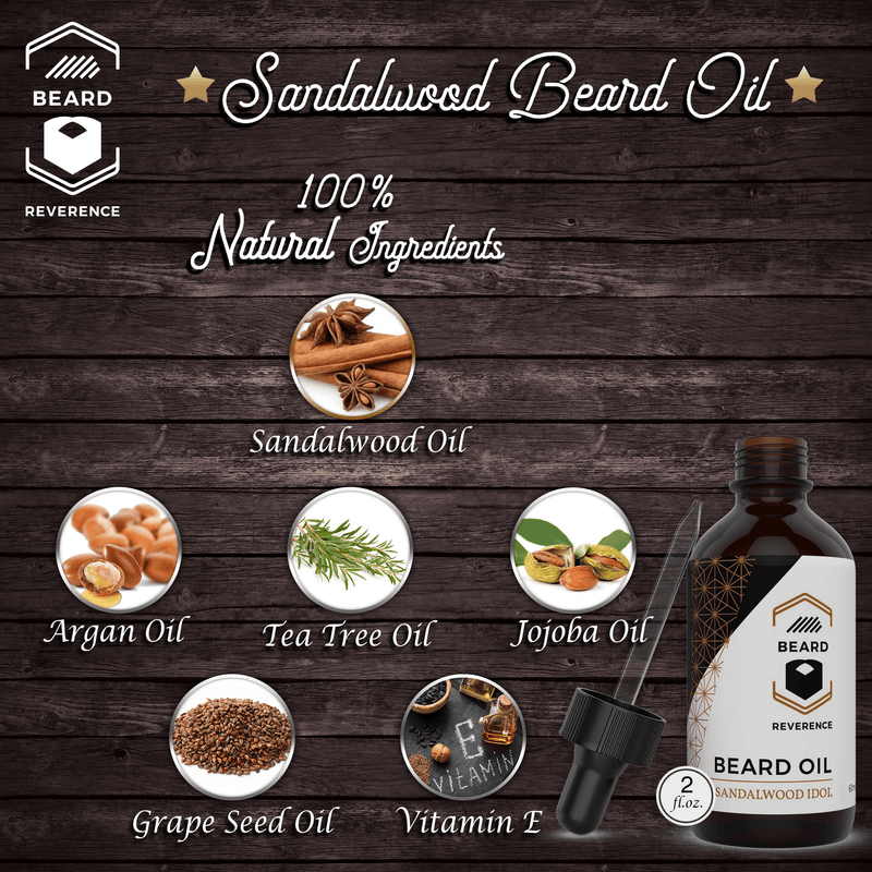 Beard Reverence Sandalwood Idol Beard Oil with graphics of its 100% natural ingredients.  