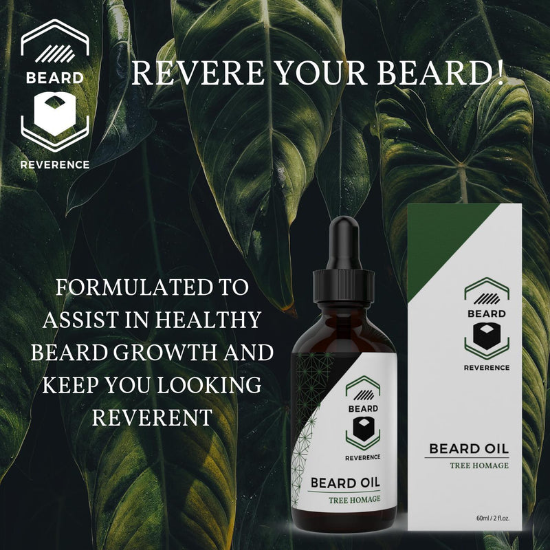 Beard Reverence Tree Homage Beard Oil with a graphic of trees in the background and the company tag line. 