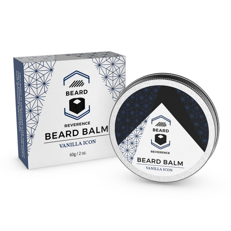 Beard Reverence Vanilla Icon Beard Balm next to its box. 