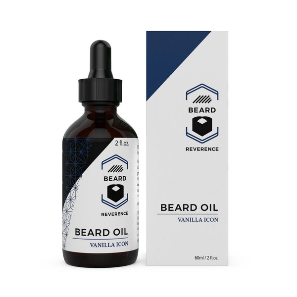 Beard Reverence Vanilla Icon Beard Oil next to its box. 