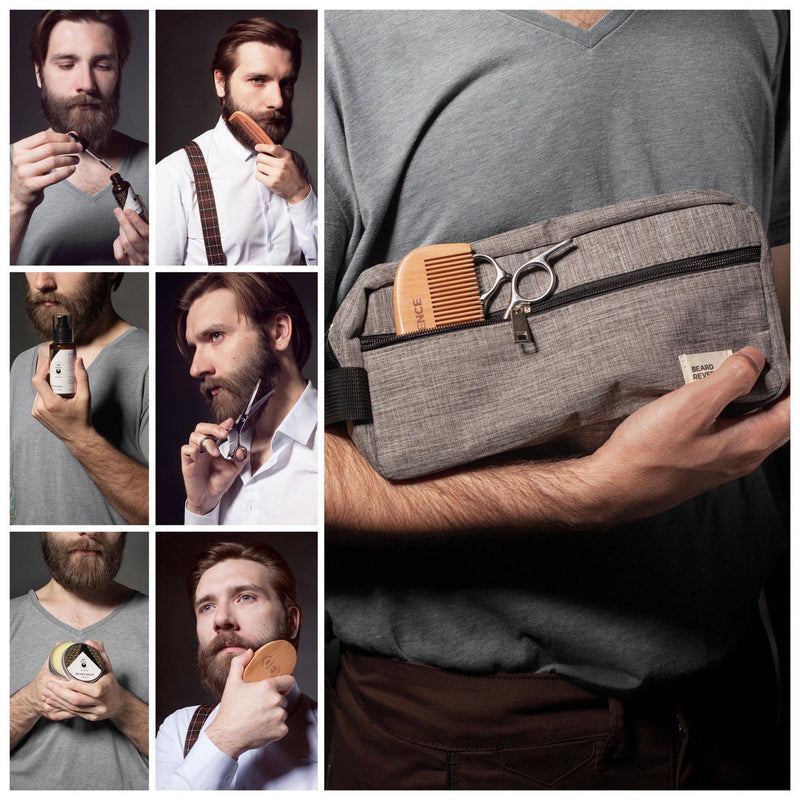 Collage of a bearded man using the products in the Beard Reverence Ultimate Beard Grooming Kit. 