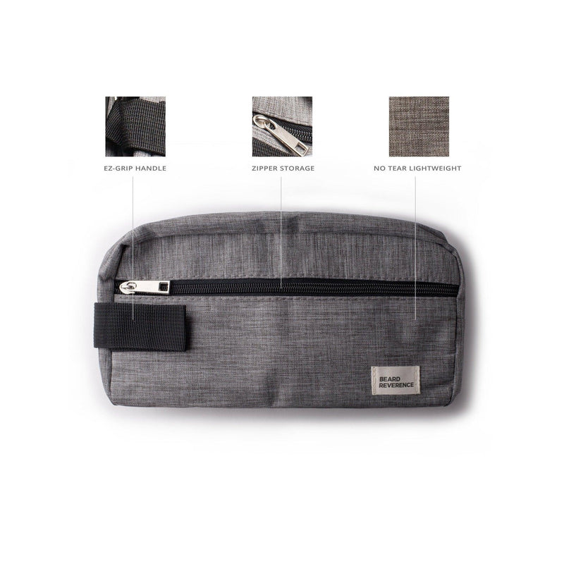 Info graphic of Beard Reverence Large Travel Bag. Shows: Ez-Grip Handle, Zipper Storage, No Tear