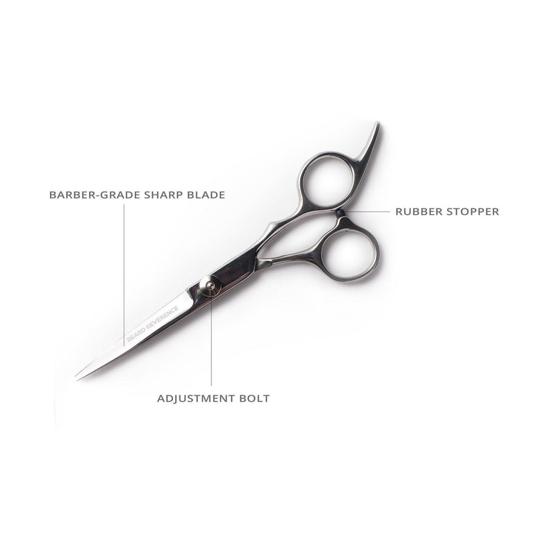 Info graphic of Beard Reverence Scissors. The graphics feature Barber-Grade Sharp Blade, Rubber Stopper and Adjustment Bolt. 