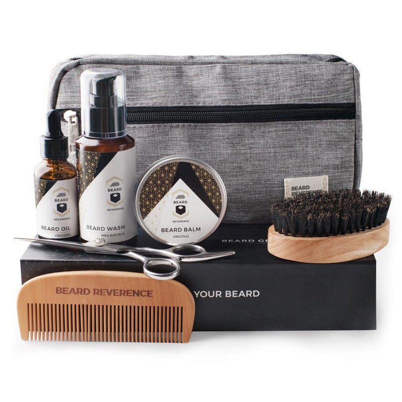 The Ultimate Beard Grooming Kit by Beard Reverence. Includes: oil, balm, beard tools and travel bag.